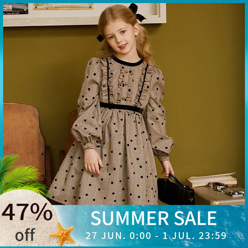 

2022 Spring Autumn Teen Girls Cute Dot Dress Bow Ruched Baby Kids Retro Princess Dresses Children Elegant Clothing Plaid, #6637