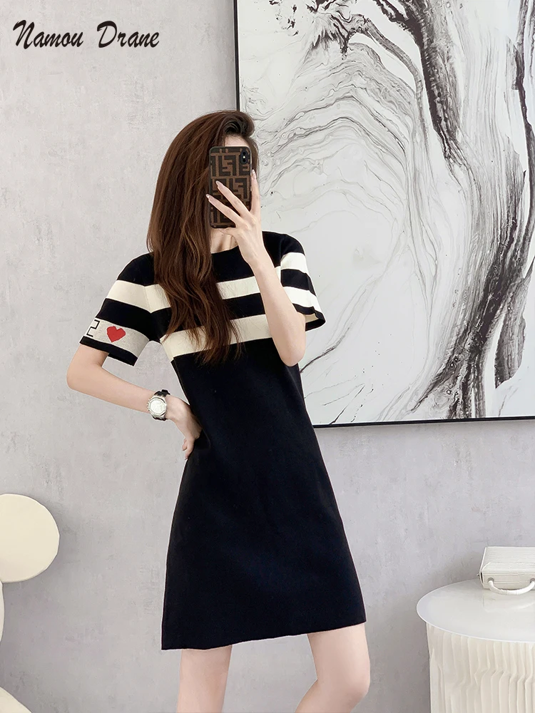 

Namou Drane Summer Dress 2022 New Women's French Black Stripe Knit Frock Dress with Round Collar, Short Sleeves and Waist