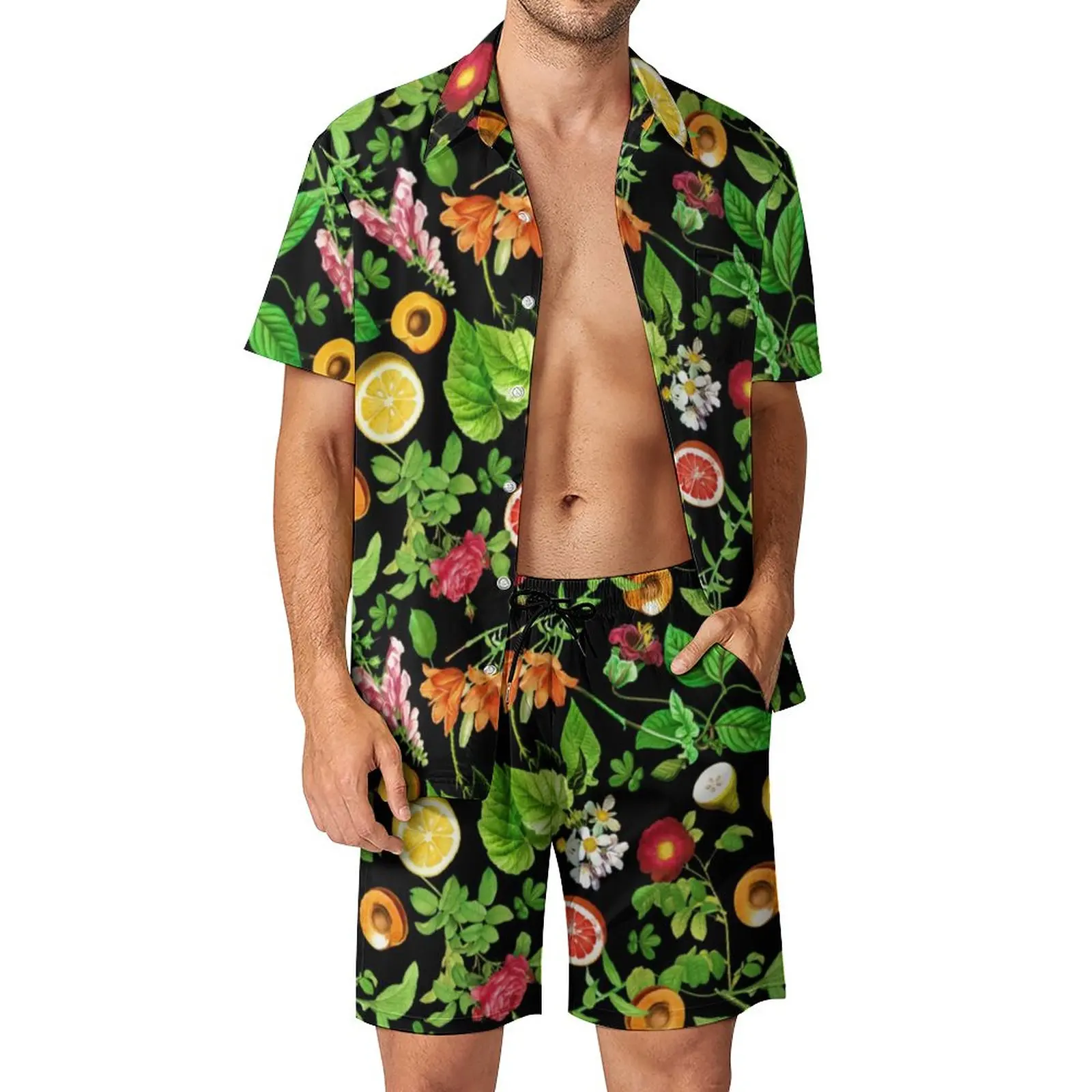 

Colorful Fruit Print Beachwear Men Sets Green Leaves Casual Shirt Set Summer Shorts Two-piece Streetwear Suit Plus Size 3XL