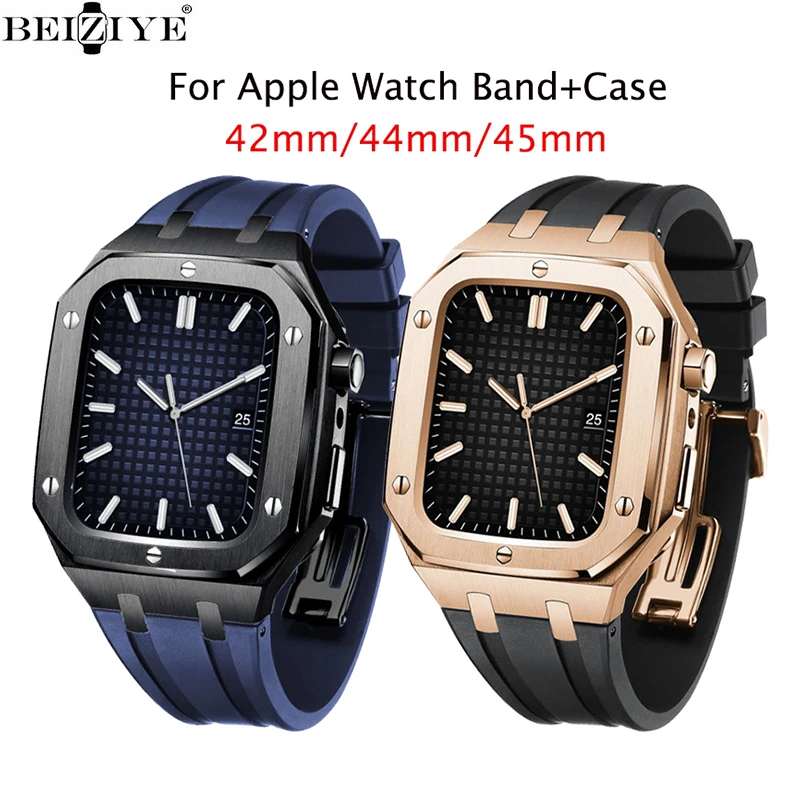 

Modification Kit Metal Watch Case Correa for Apple Watch band 45mm 44mm 42mm Stainless Steel Strap iWatch 8 7 Rubber WatchBand