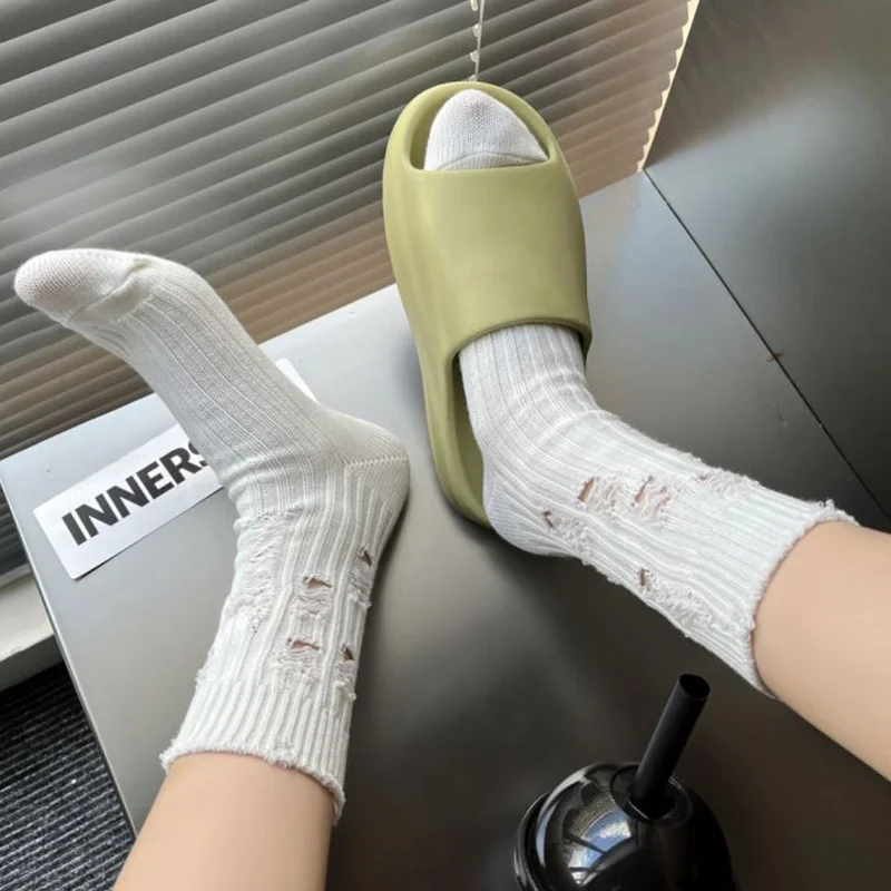 10 Pairs Fashion Break Hole Knitting Cotton Socks Women Breathable Long Winter Socks Designer Girl Style Leg Cover Socken Femme