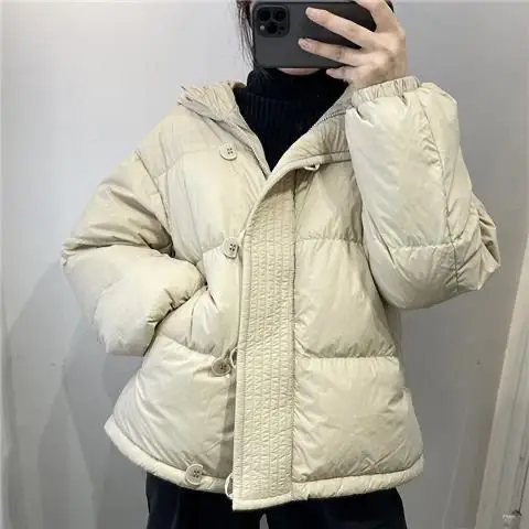 2023 New Down Jacket Women's New Style White Duck Down Hooded Korean Version Loose Buttons Zipper Warm Coat Ladies Tops M53