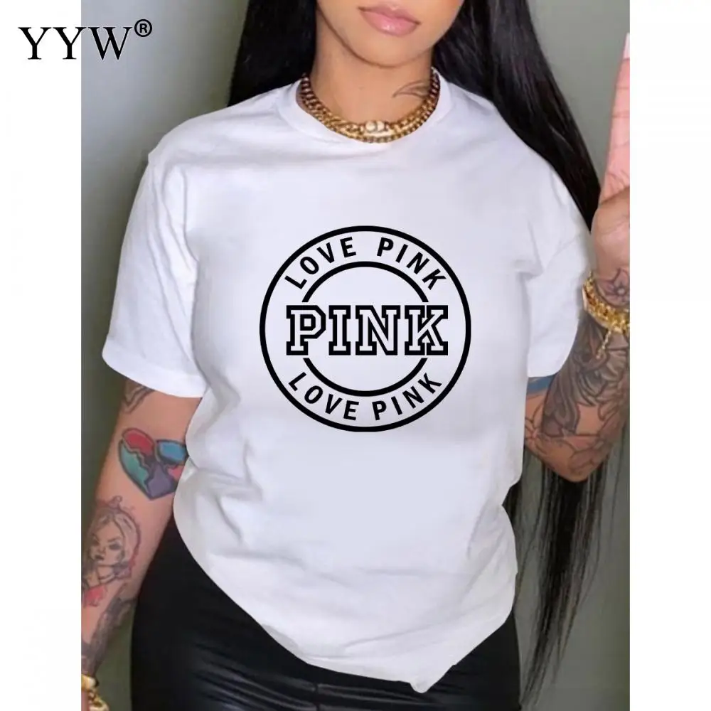 

Женские модельные топы с надписью, розовые футболки с коротким рукавом, белый Хлопковый прямой пуловер с круглым вырезом, разные размеры на ...