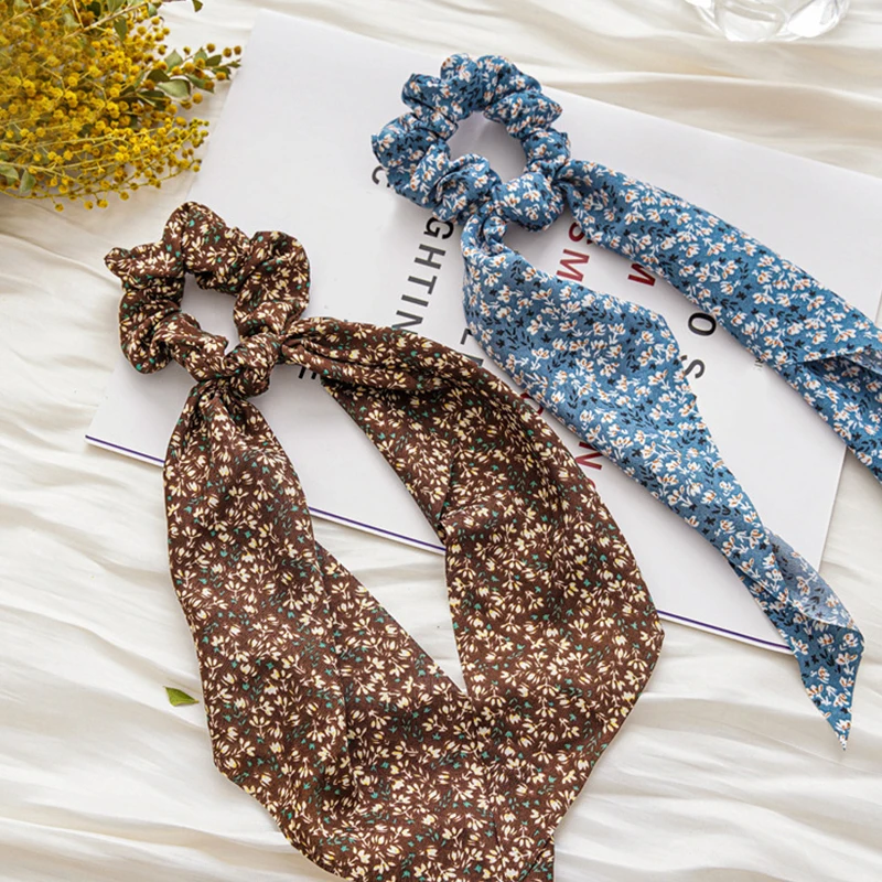 

Bohemian Fashion Flower Printed Satin Elastic Long Ribbon Hair Bands Ponytail Scarf Hair Tie Women Scrunchies Hair Accessories