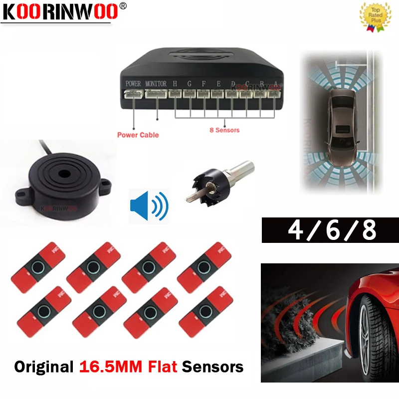 Koorinwoo Parktronic 4/6/8 Front With back Radars 16.5MM Flat Parking Sensors Step Speaker Buzzer 12V Reverse Parking Assistance