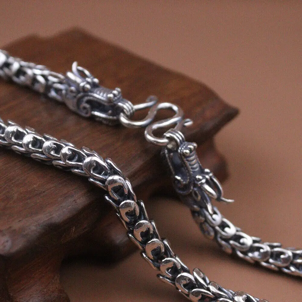 

Real 925 Sterling Silver Necklace 7mm Dragon Head With Unique Link Chain 21.6"