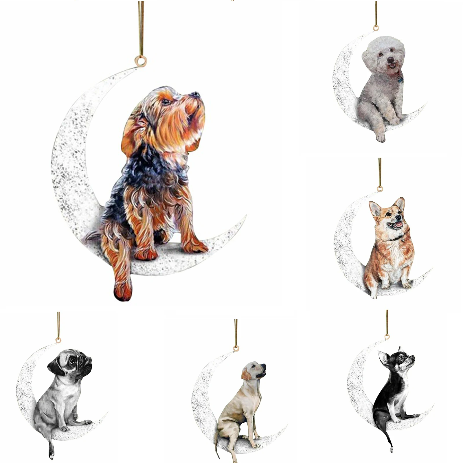 

Car Rearview Mirror Pendant Dog Pendant Sitting On The Moon Cute Teddy Puppy Hanging Ornament Keychain Pendant Christmas Decor