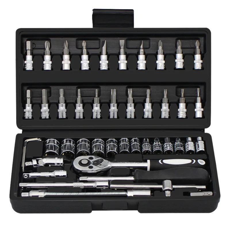 46 PCs Set of Wrench Head Socket Set Quick Ratchet Casing Wrench Repair Car Screwdriver Combination Toolbox Car Repair Tool