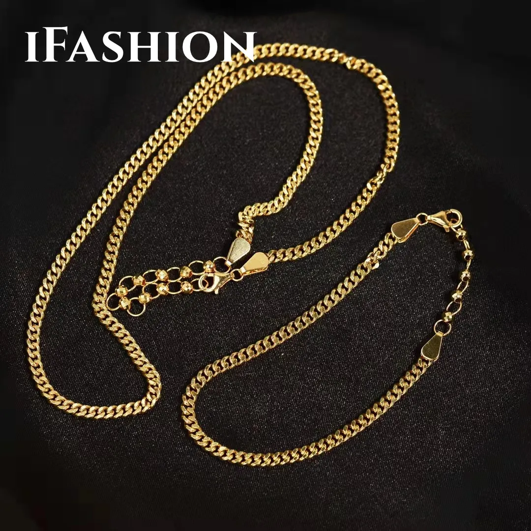 

IFASHION Cuban Chain Necklace Bracelet 18K Import Solid Yellow Real Gold Jewelry(AU750)Women Handmade Chain Fashion Lady