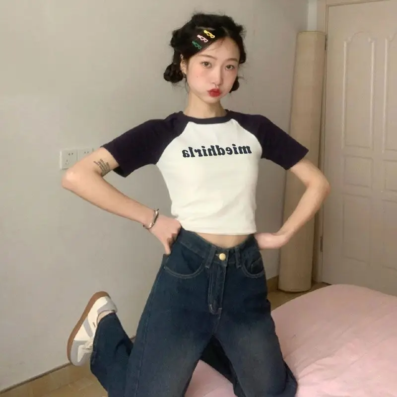 

Y2K Summer Tshirts Women Sexy Letter Camisetas Grunge Short Sleeve O-Neck Crop Tops Tees High Waist Slim Contrast Color Korean