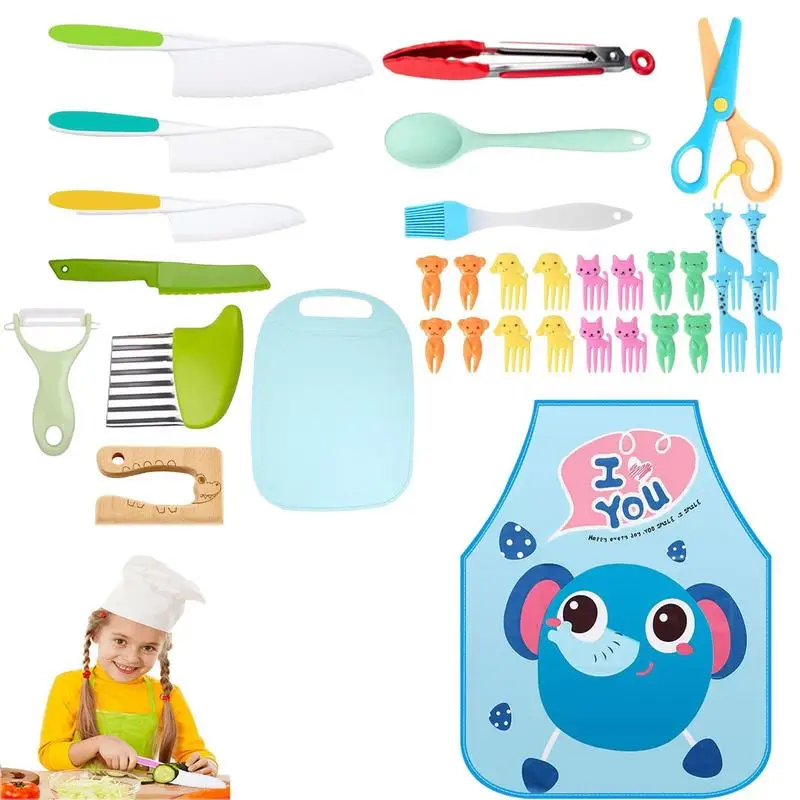 

Wooden Kids Kitchen Knives Kid Friendly Knives Kit Children's Knives Montessori Kitchen Tools With Apron For Toddlers Chopper