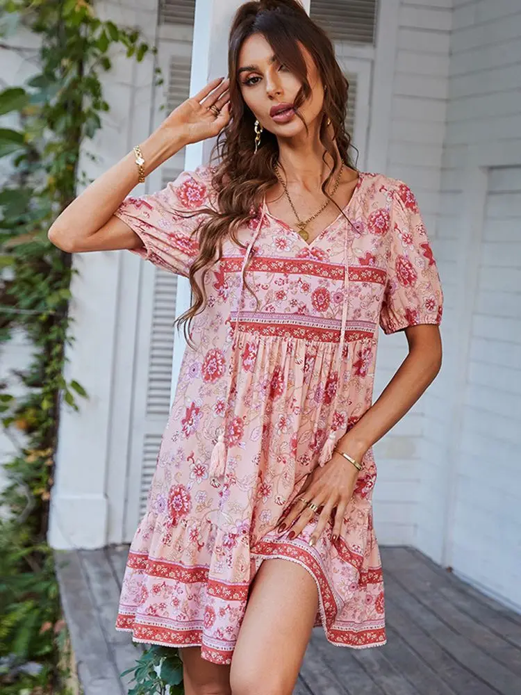 

Ladies Boho Short Floral Print Summer Dress Women Loose Casual High Waist Ruffles Sleeve Mini Women Dress Female Robe Vestidos