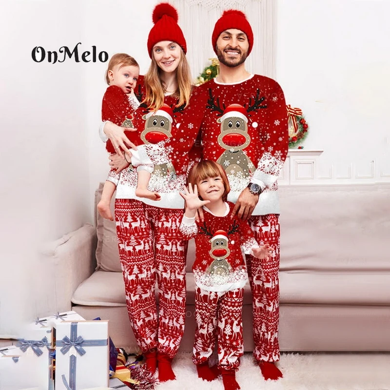 

OnMelo Christmas Couple Family Pajamas Costume Matching Outfits O-Neck Cute Elk Print Pants Cozy Homewear New Year Pajamas Set