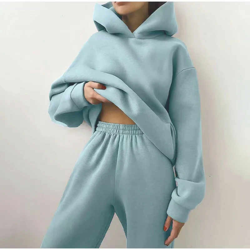 Women's Tracksuit Casual Solid Long Sleeve Hooded Sport Suits Autumn Warm Hoodie Sweatshirts And Long Pant Fleece Two Piece Sets