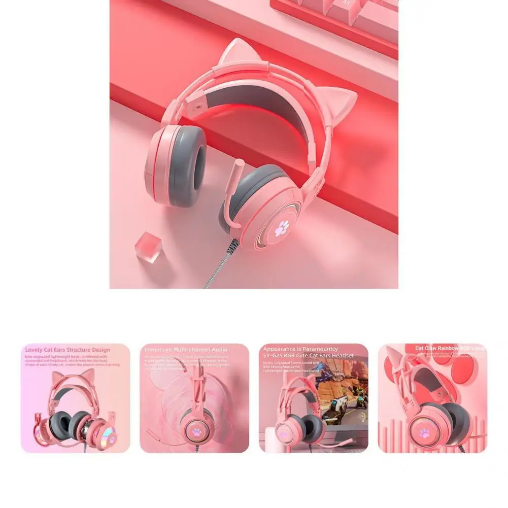 

High Quality Over-Ear RGB Lighting Wired Headset with Cartoon Cat Ear for E-sport Wired Headphone Wired Headphone
