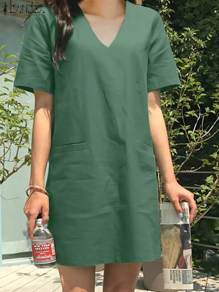 

ZANZEA Fashion Knee Length Dress Summer Short Sleeve Sundress Female Solid Color V-Neck Dresses Woman Holiday Casual Vestidos