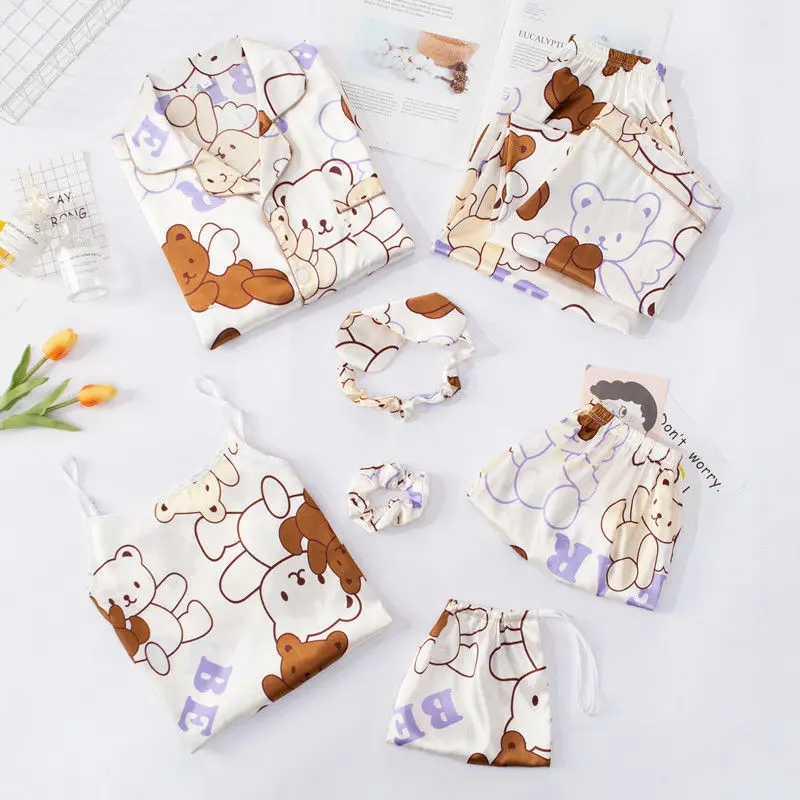 Spring and autumn ice silk pajamas women i summer thin long-sleeved seven-piece pajamas shorts suit women's home clothes