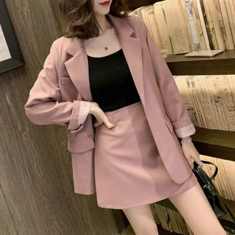 

Y2k Spring Set Women 2 Pieces Turn Down Collar Solid Color Long Sleeve Single Button Top Suit+high Waist Slim Skirt Outfits