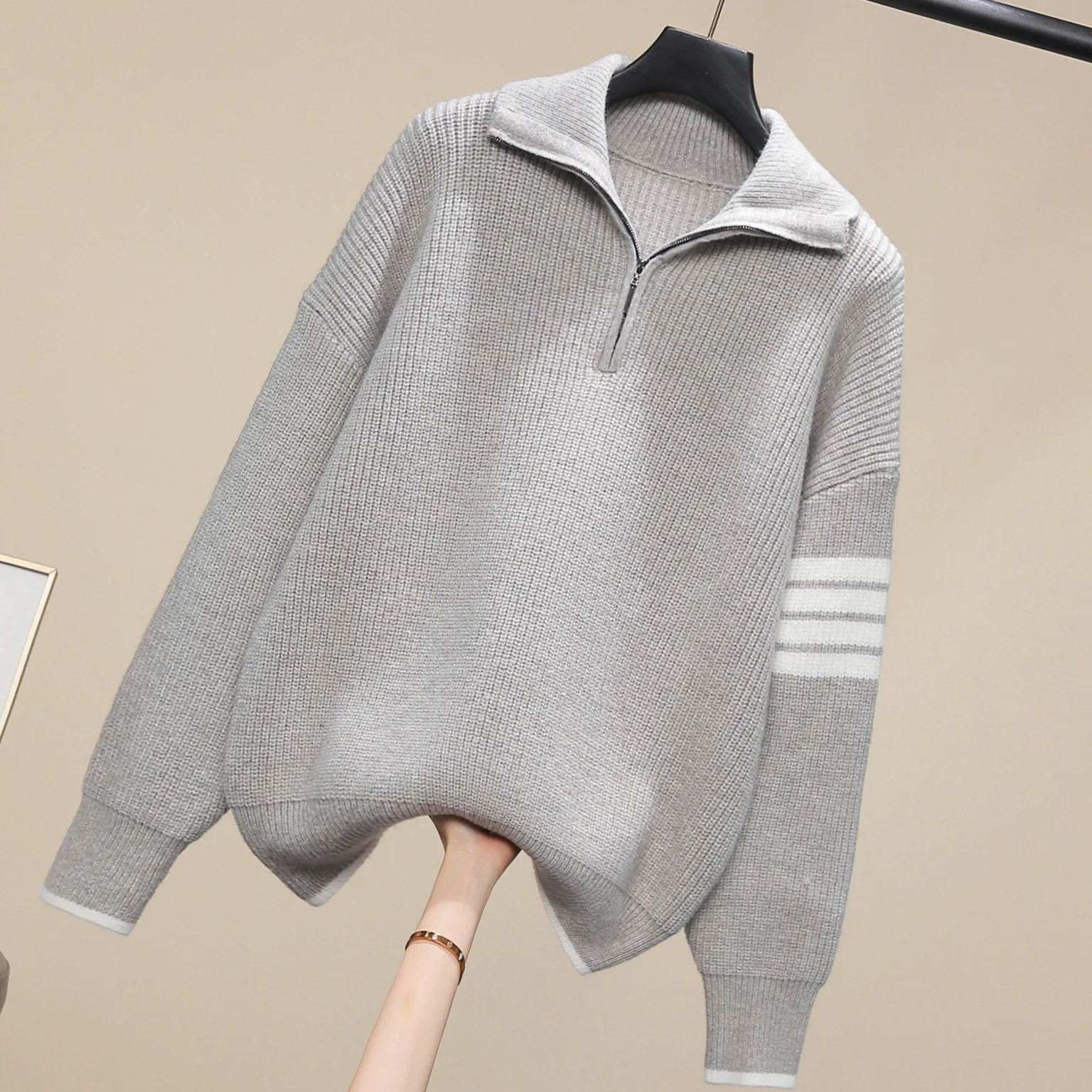 

2022 Women Wool Turn Down Collar Blouse Zipper Striped Long Sleeve Knitted Thicken Loose Korean Design Shirt