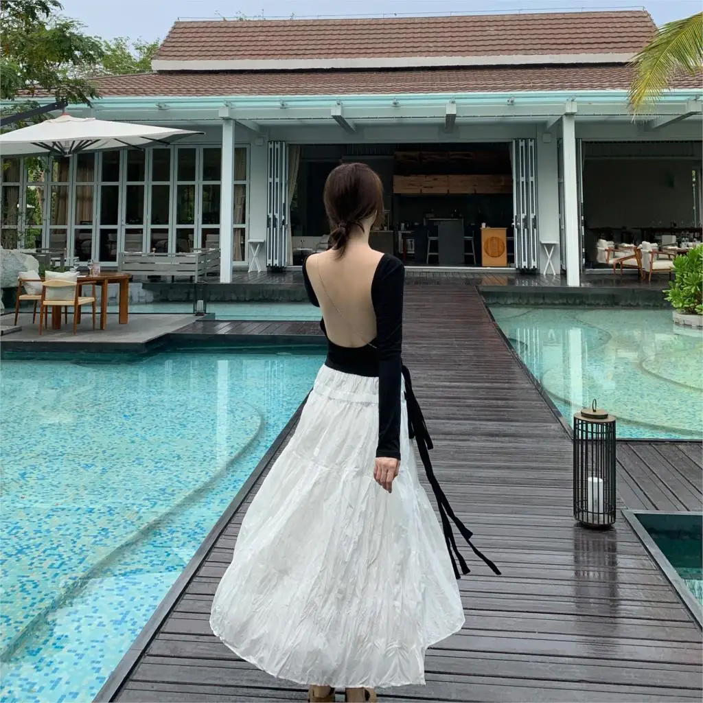 

ANEW Sexy bottoming women's spring and summer tight U-shaped large open back heart machine fitted Long Sleeve Top