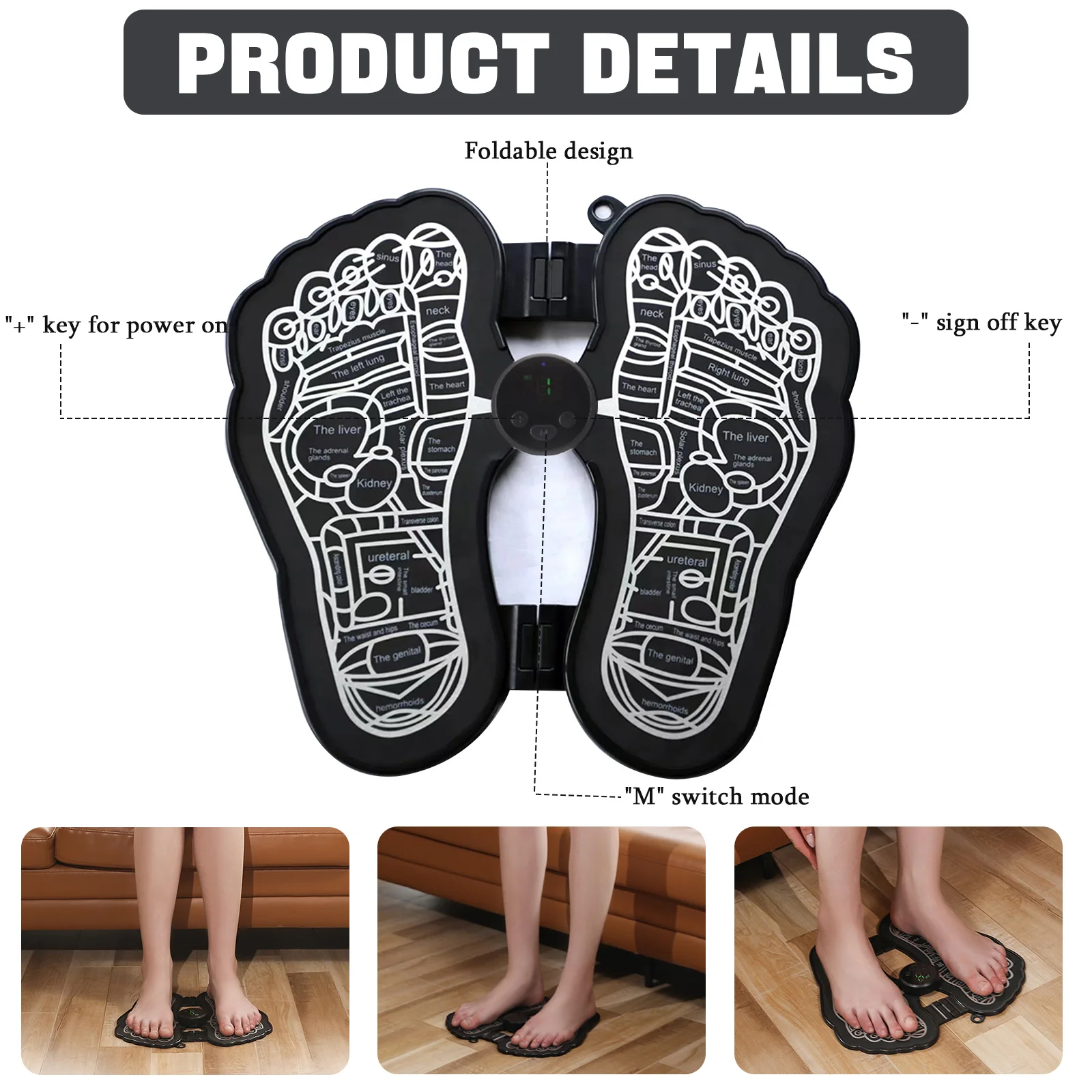 

Electric foot massager, health care pad, electric stimulator, physiotherapy device, portable acupuncture device.