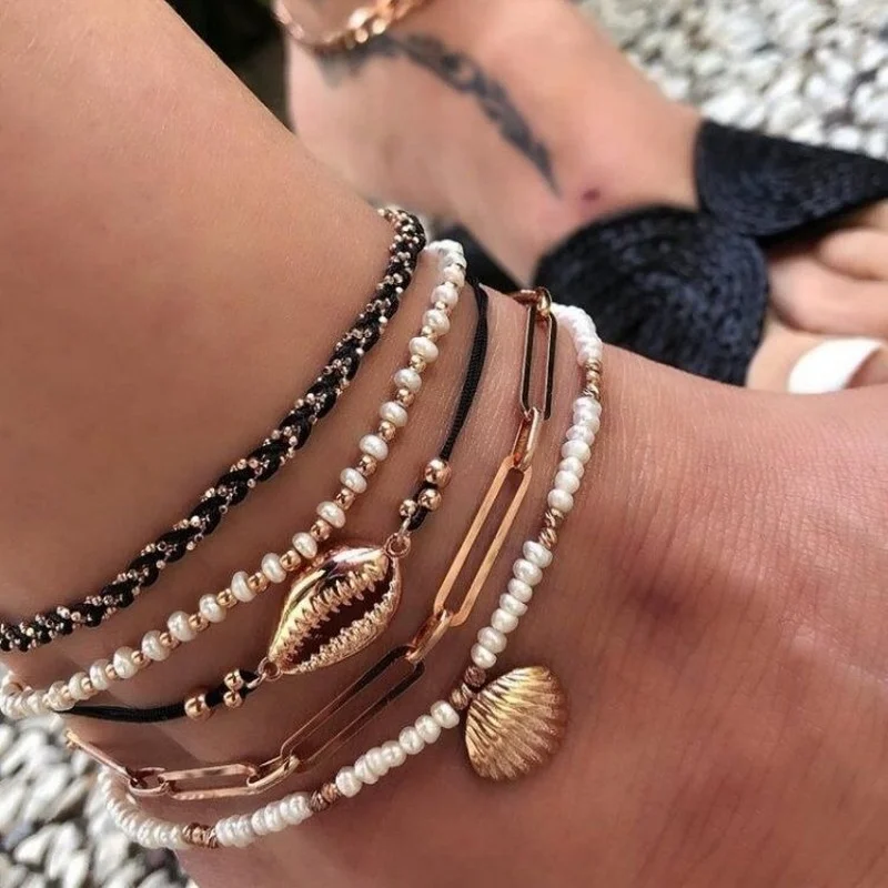 

5pcs/set DIY Rice Bead Shell Multilayer Anklet Foot Chain Scallop Bohemian Handmade Barefoot Rope Adjustable Anklets for Women
