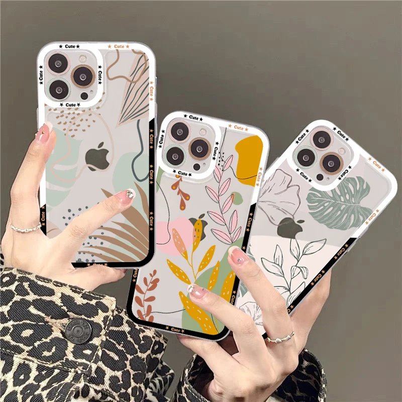 

Abstract Plants Phone Case For iPhone 14 13 12 11 Pro Max Mini X Xs XR 6 7 8 Plus SE 2020 Transparent Case