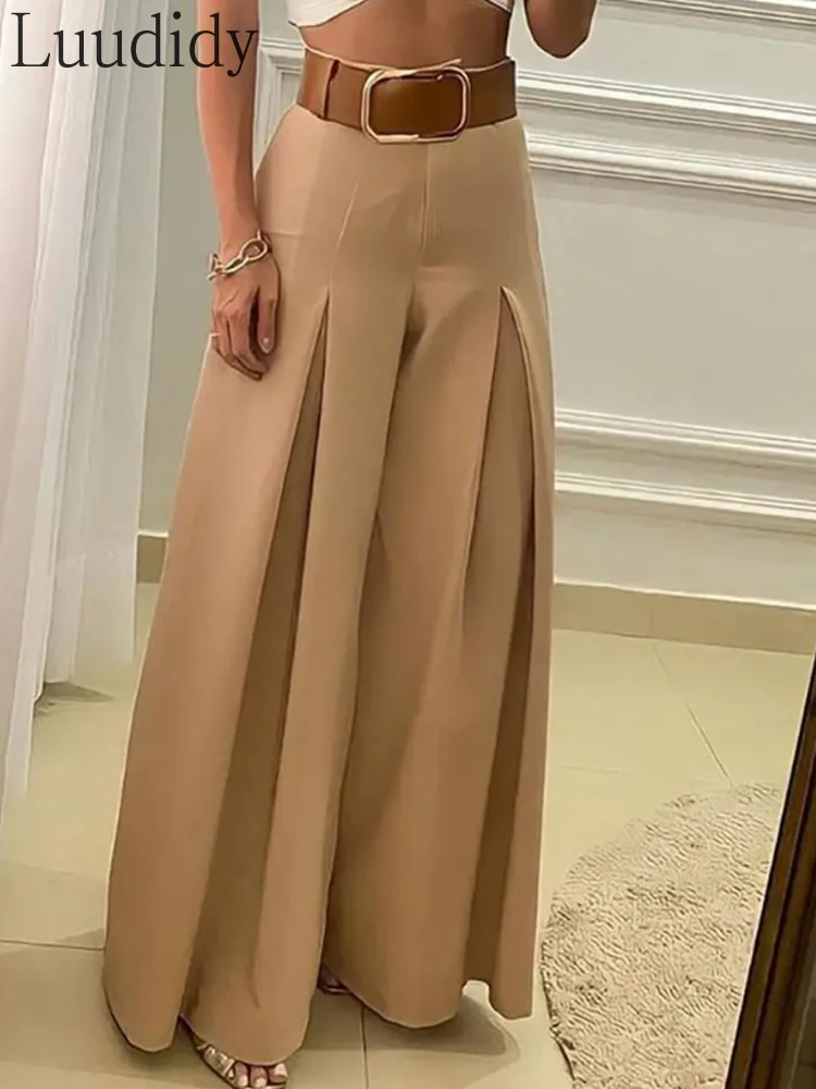 

Women High Waist Ruched Wide Leg Pants Without Belt
