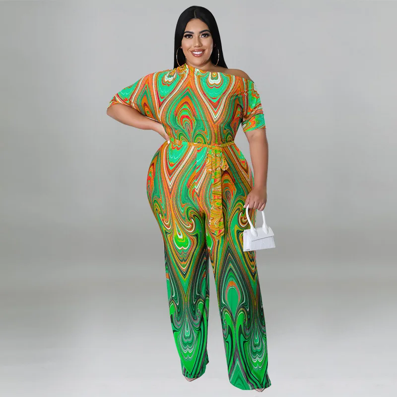 Plus Size Women's Clothing 2022 Summer Products Slanted Shoulder Ethnic Style Positioning Printing Ladies Jumpsuit 5XL Oversized