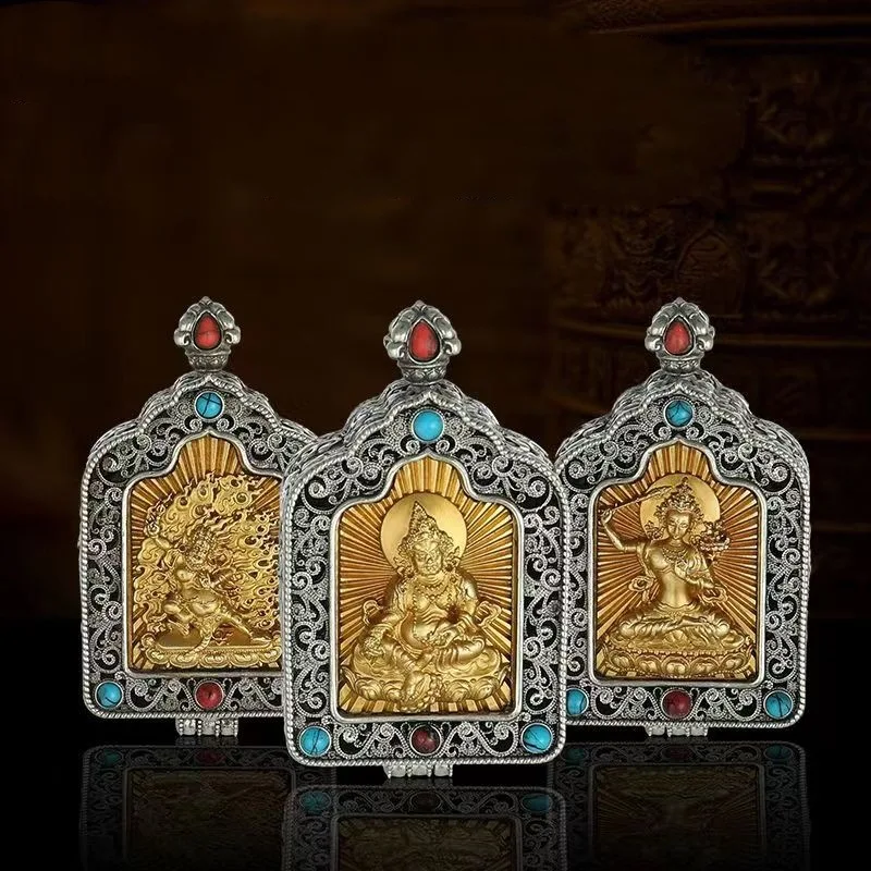 

XSNew Tibetan Silk Hollow Yellow God of Wealth Gawu Box Diamond Hand Manjushri Bodhisattva Ethnic Style Removable Agaric Pendant