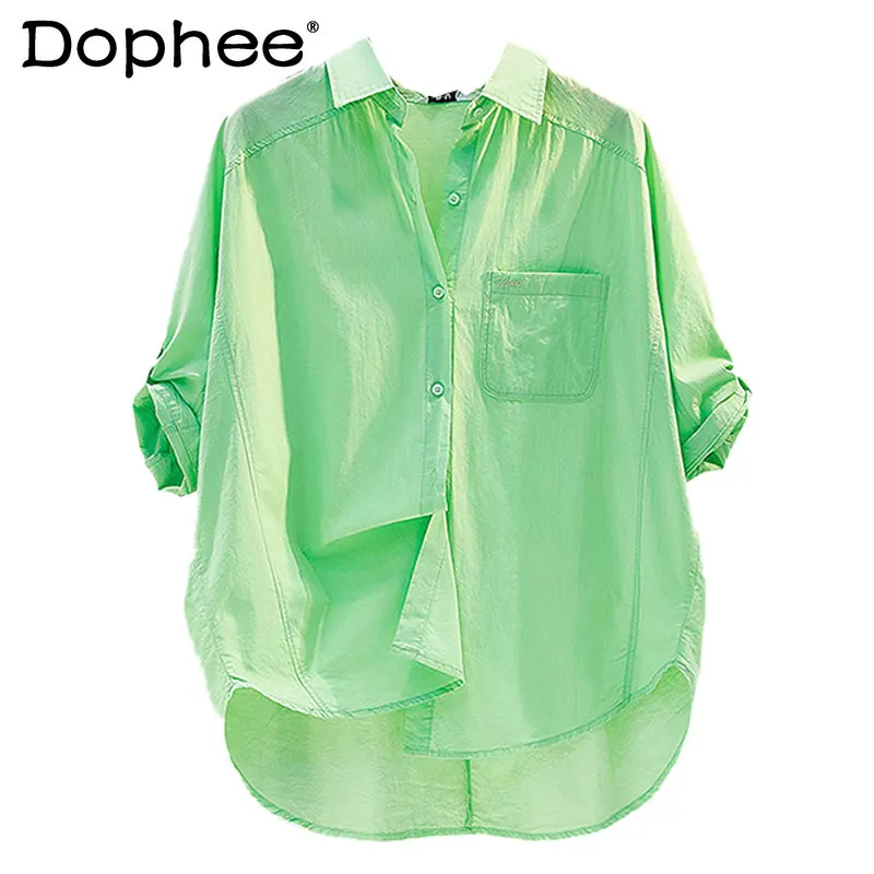 Fruit Green Cuff Short Sleeve Thin Shirt for Women 2023 Summer New Korean Style Single Pocket Casual Blouse Top Women's Clothing