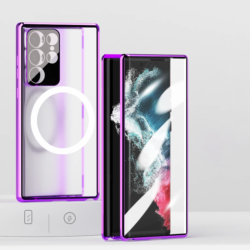 Magnetic Wireless Charging Case For Samsung Galaxy S22 Ultra S22 Plus Double Sided Glass Metal Bumper Phone Cover Coque