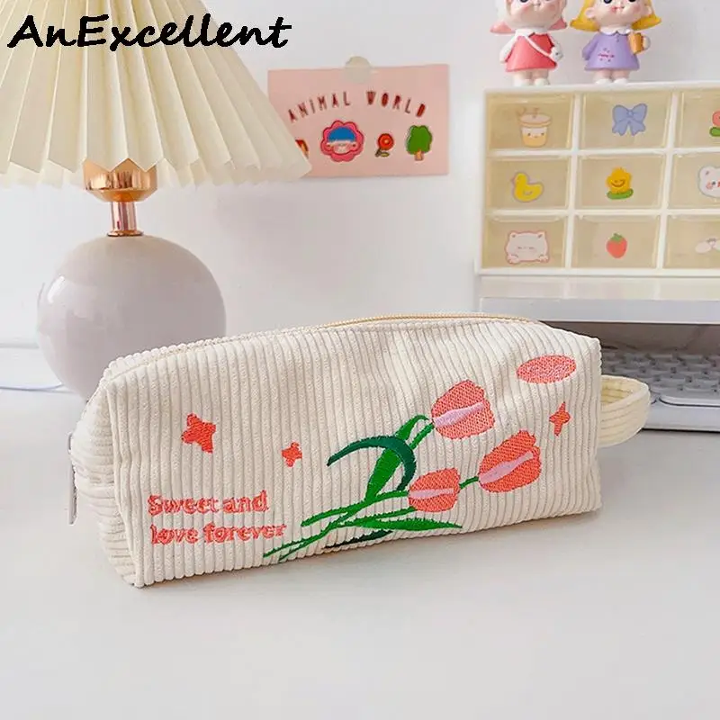 

Flannel Embroidered Portable Pencil Case Cartoon Flowers Large Capacity Zipper Pen Bag Stationery Box Organizer Pouch Bag