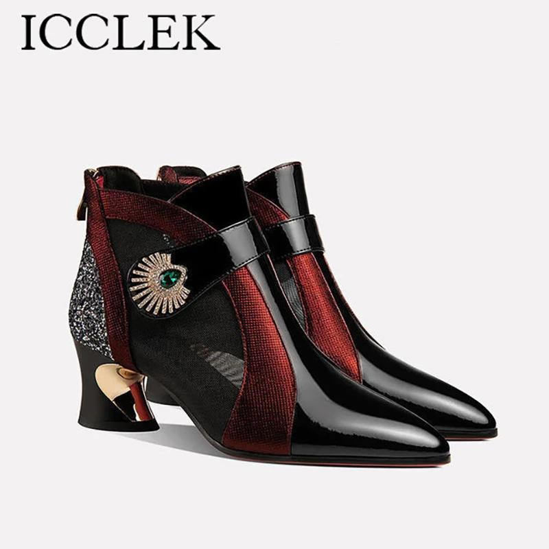 

Versatile Leather Mesh Boots Hollow Mesh Sandals Women 2023 Spring And Summer Pointed Toe Thick Heel Large Size Sandals 35-40