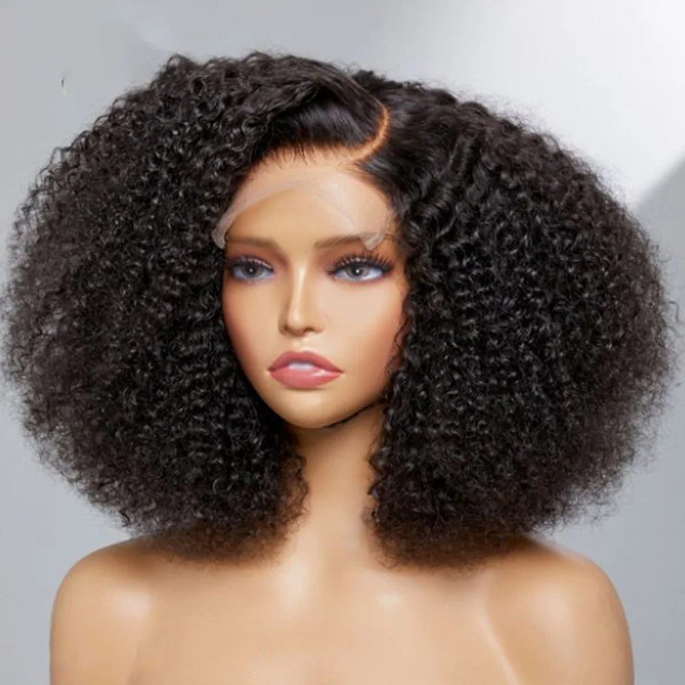 

Short Bob Glueless Soft Natural Black 180% Density Kinky Curly Preplucked Deep Lace Front Wig For Women BabyHair Daily Cosplay