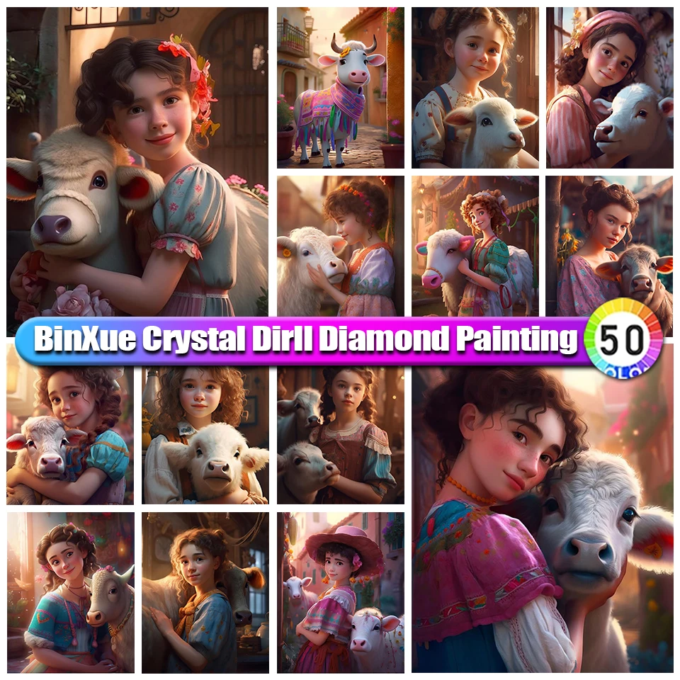 

BinXue мультяшная Девушка полный 100% круглый кристалл алмазная живопись животное корова ручная работа Сделай Сам корова потребление вышивка к...