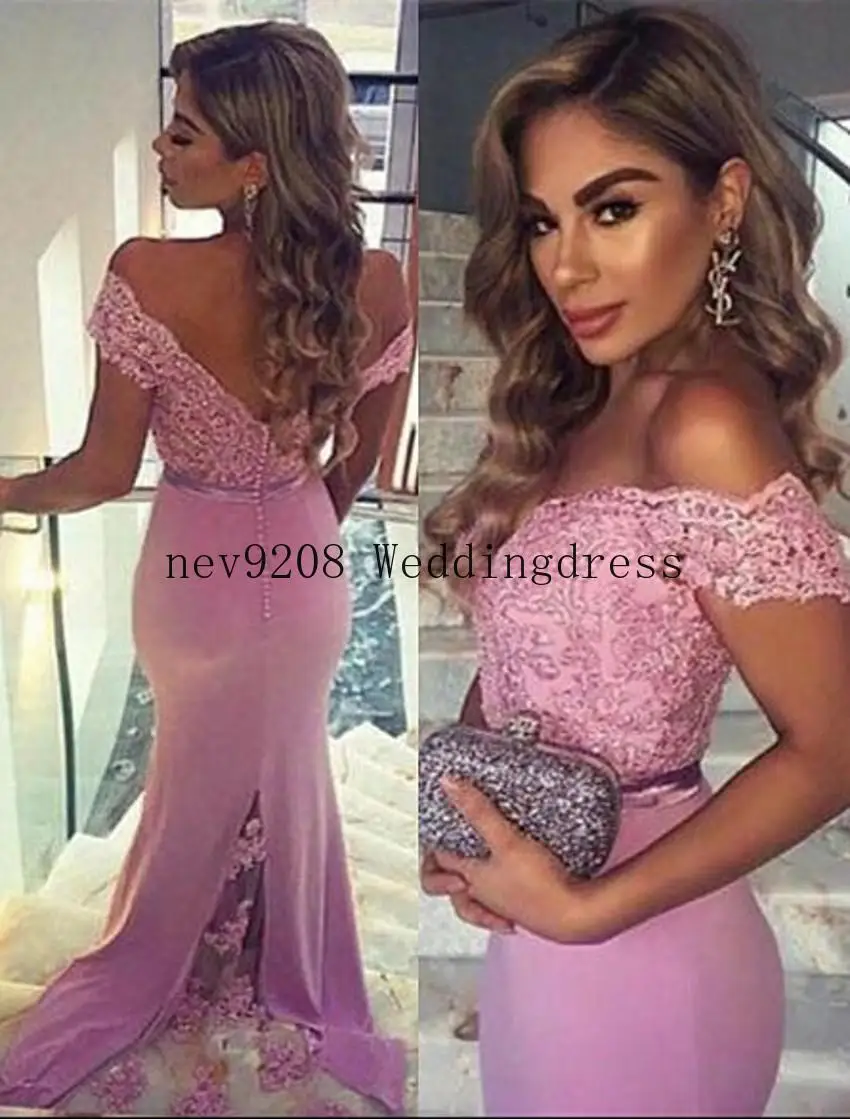 

Elegant Purple Lace Mermaid Bridesmaid Dresses Sexy Off Shoulder Backless With Button Covered Appliqued Long Maid of Honor Gowns