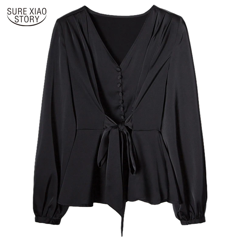 

Fashion Long Sleeve Tops Office Lady Clothing Elegant Solid Bow Loose Shirt 2022 Spring Black V-neck Button Blouse Women 20395