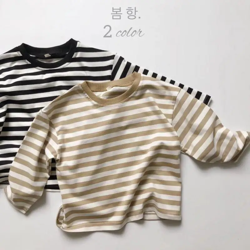 

2022 Spring New Baby Boys Cotton Loose Long Sleeve Striped T Shirts Infant Kids Girls Cotton Raglan Sleeve Tops