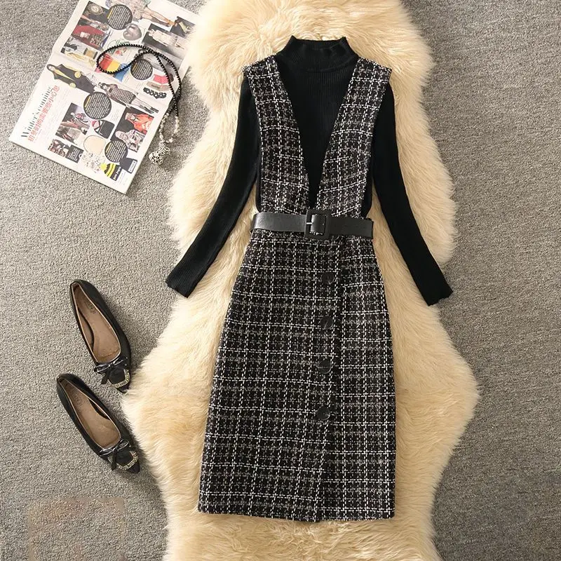 

Tweed Vest Two Piece Set Women Outfit 2023 Korean Knitting Sweater and Vintage Plaid V-neck Waistcoat Elegant Suits New J12
