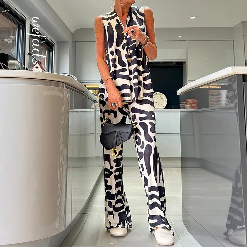 

Женский комплект из двух предметов Wefads, летний стильный топ без рукавов с V-образным вырезом и принтом, свободные длинные брюки с широкими шт...