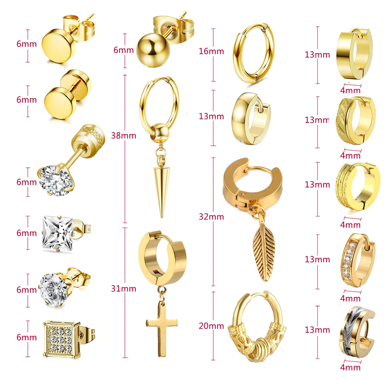 Серьги-гвоздики из нержавеющей стали с фианитом 1-18 пар