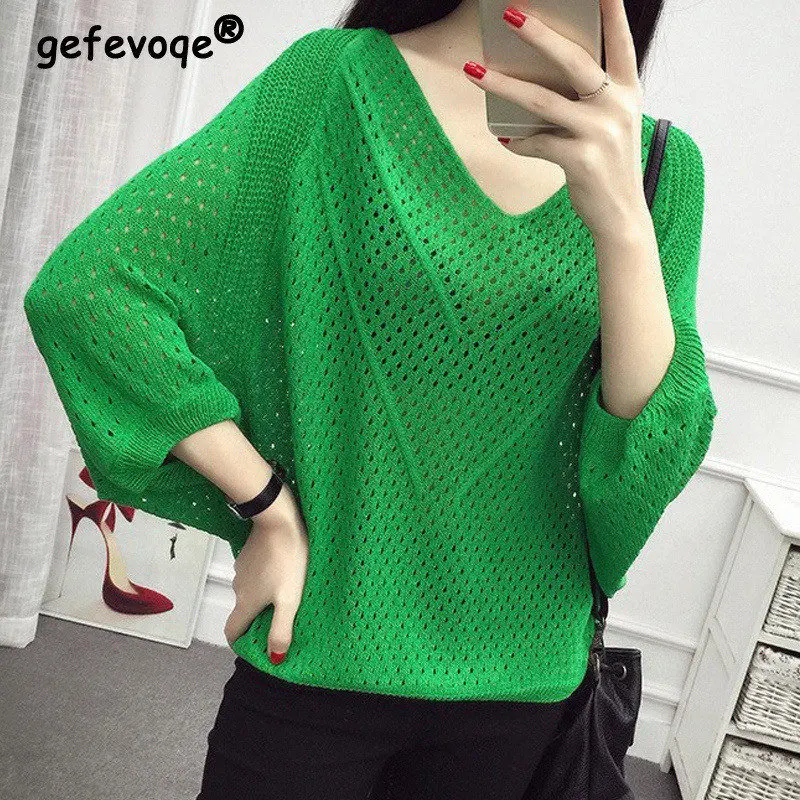 Купи Spring Summer Sexy Hollow V Neck Short Sleeve Thin Knitted T Shirt Women Fashion Korean Solid Loose Knitwear Pullover Top Female за 840 рублей в магазине AliExpress