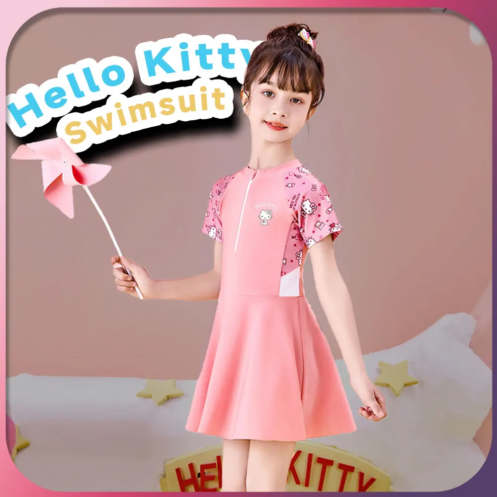 Kawaii Hello Kitty девочка цельный купальник Sanrio аниме 2024 новый летний детский купальный