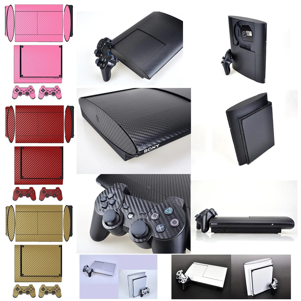 7 Colours Carbon Fiber Vinyl Skin Sticker Protector for Sony PS3 Super Slim 4000 and 2 controller skins Stickers