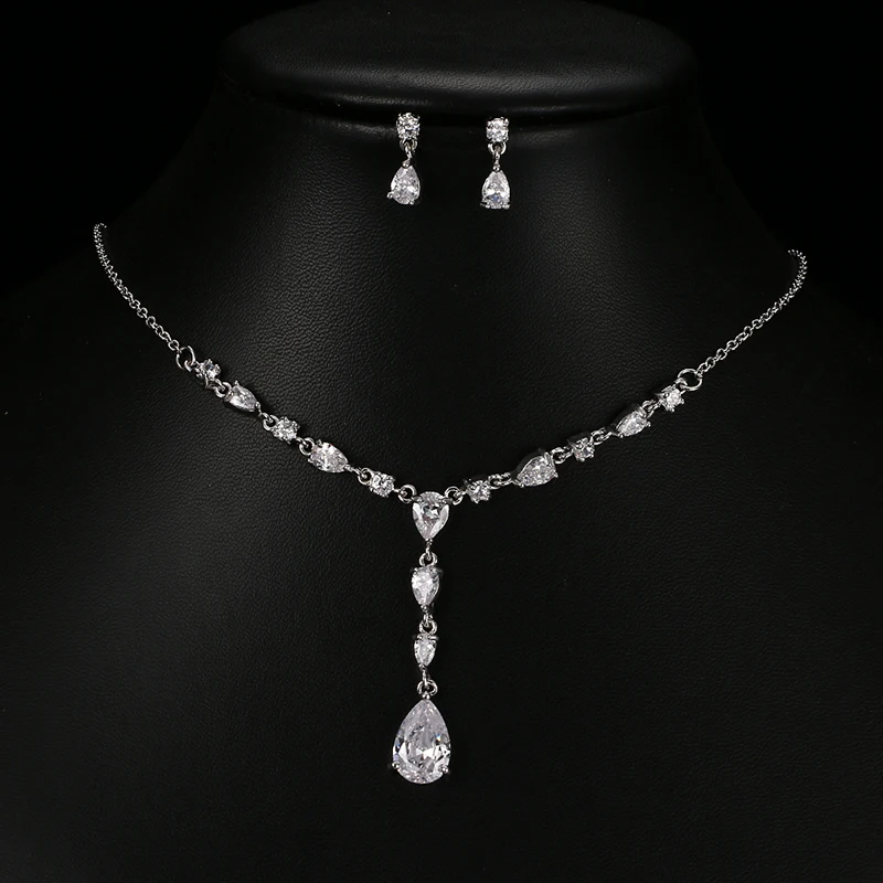 

AMC Simple Long drop Shape Necklace and Earring Set AAA Cubic Zircon Bridal Wedding Party Accessories Jewelry Gifts For Women