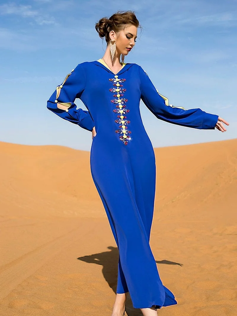 Djellaba Hooded Abaya Women Rhinestones Moroccan Evening Party Caftan Arabian Long Dress Muslim Dubai Saudi Gulf Jalabiya Kaftan