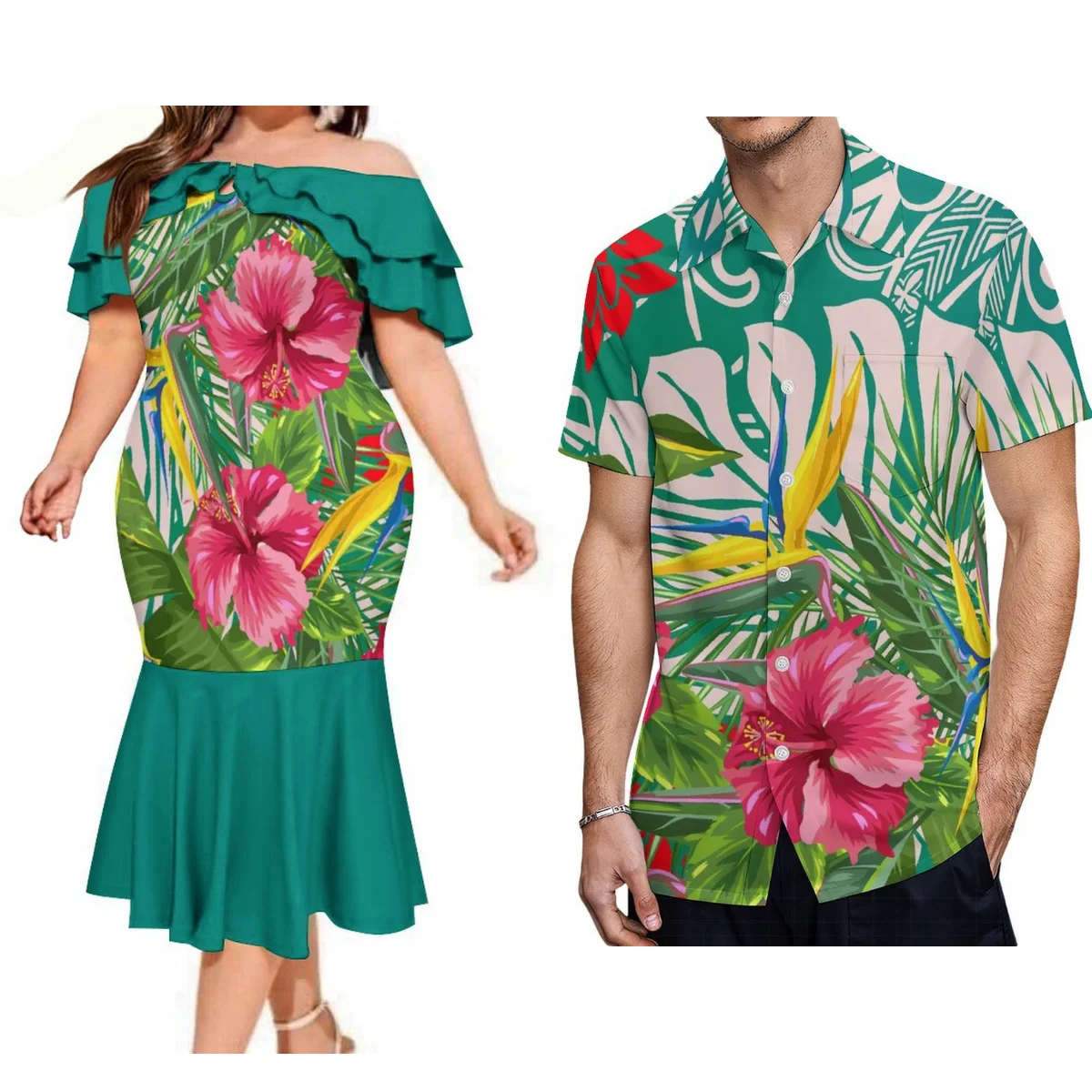 Island Style Couple Suit Off-The-Shoulder Evening Gown Samoa Fiji Tonga Tight Fishtail Dress Polynesian And Men'S Shirt