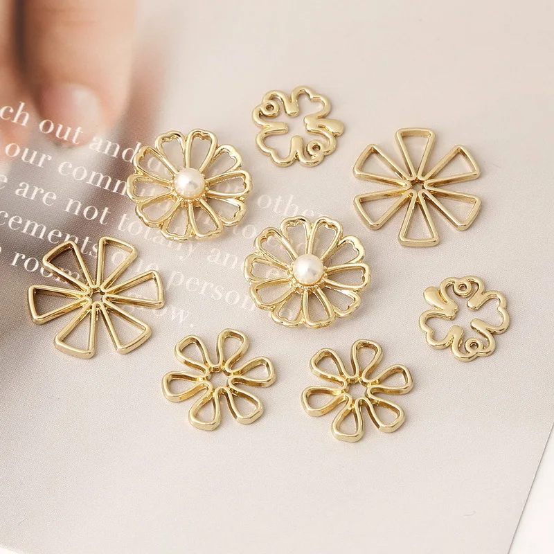 

10pcs Hollow Flower Alloy Pearl Earring Pendant Gold Color Homemade Ear Hook Earrings For DIY Jewelry Marking Accessories Craft