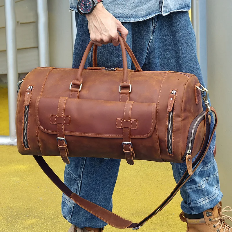 

Vintage Fashion Handbags For Men Genuine Leather Travel Duffles Travelling Shoulder Bag Cowskin Hand Luggage Bags Large Duffle
